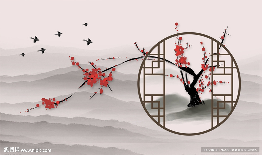 中式山水梅花飞鸟背景墙