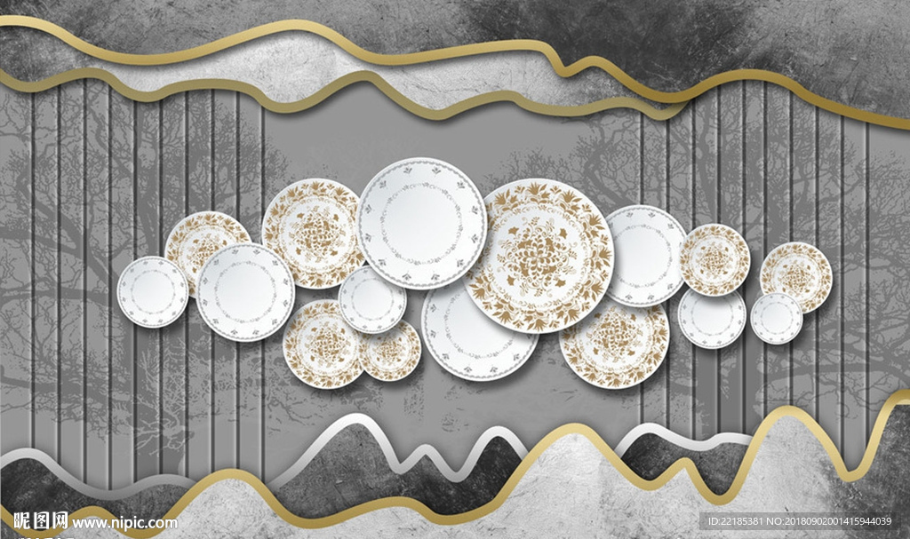 意境灰色树林金色盘背景墙