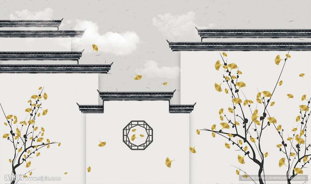 古建筑金色银杏叶背景墙