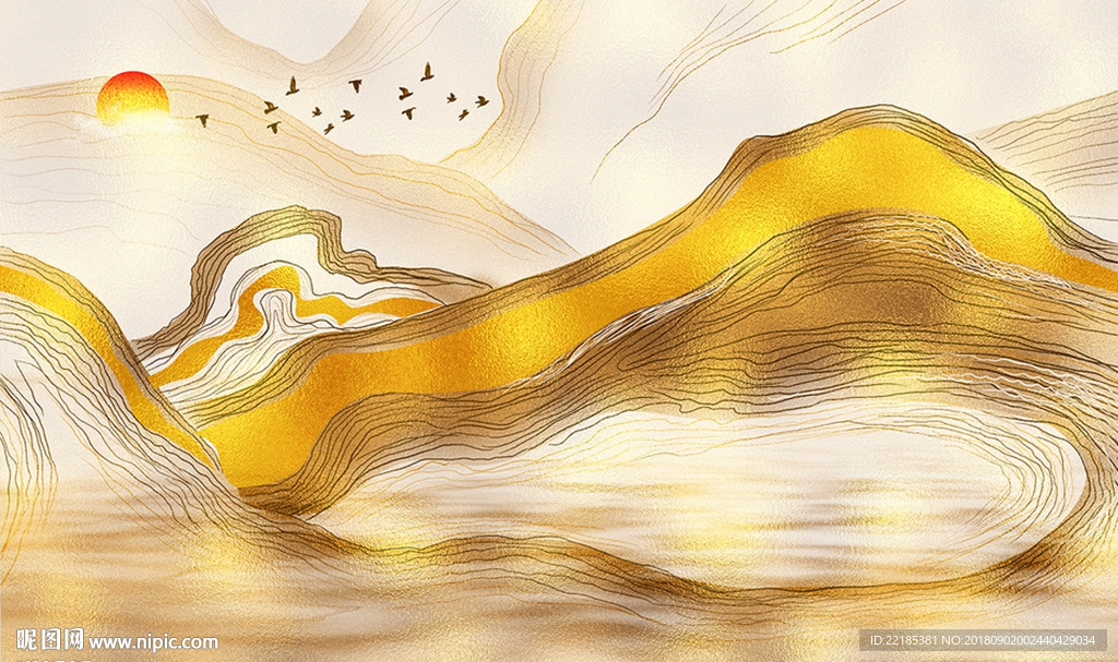 金色山水金箔画意境背景墙