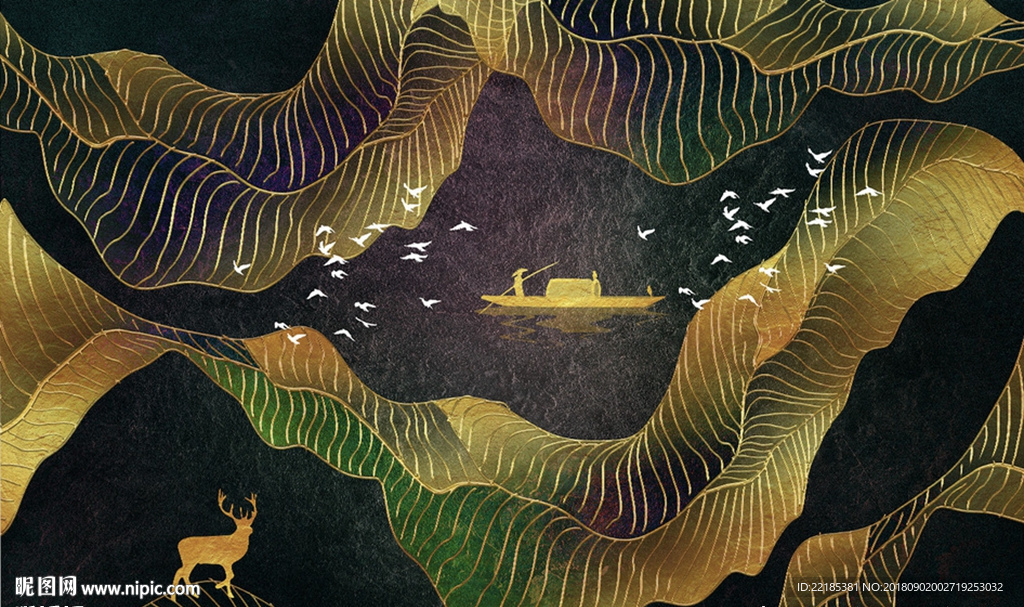 黑金质感纹理意境山水背景墙