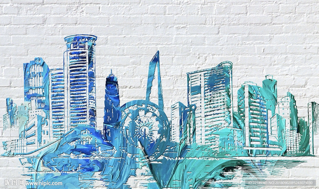 立体涂鸦城市剪影背景墙