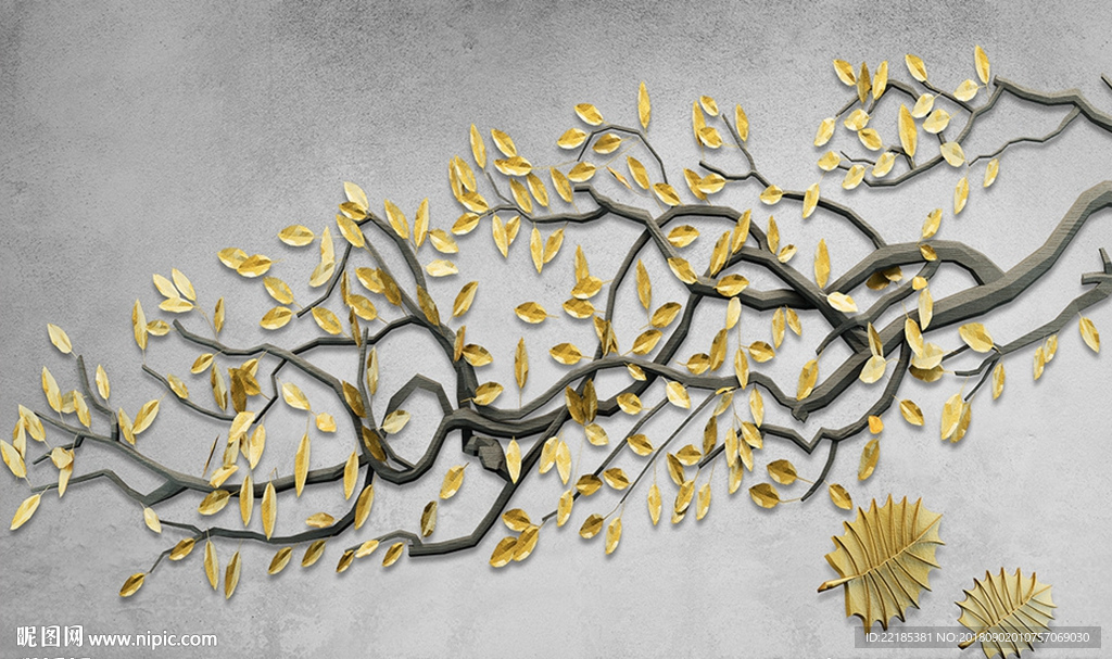 浮雕树枝金叶子背景墙