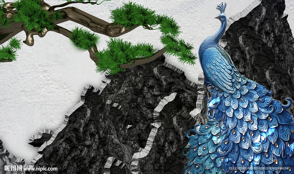 山峰孔雀古松背景墙