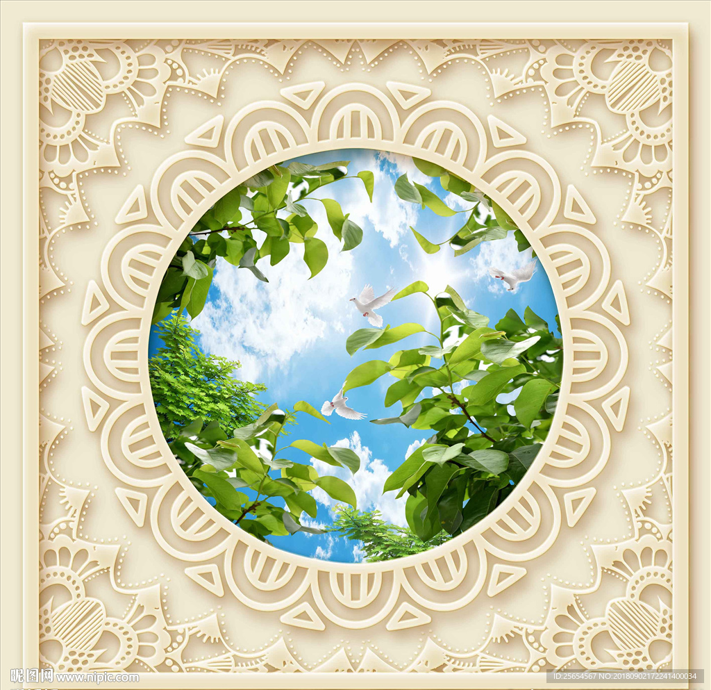 蓝天白云树枝绿叶吊顶天顶壁画
