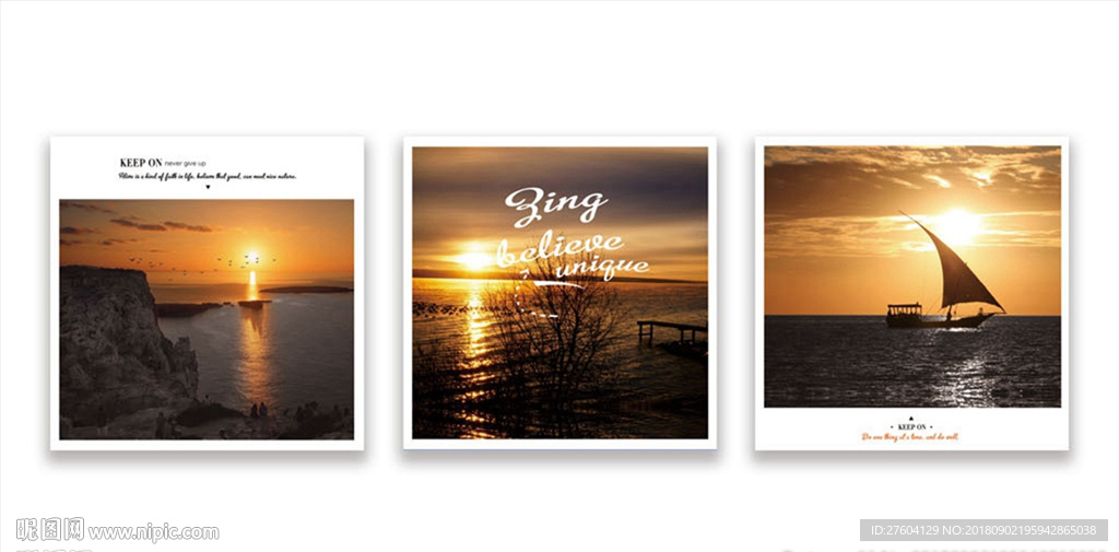 橙灰色海边风景三联装饰画