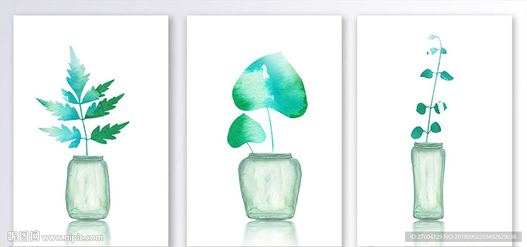 清新绿色水彩叶子植物装饰画