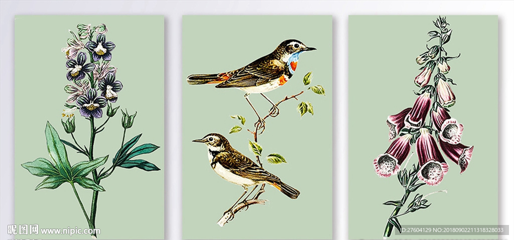 现代水彩等花鸟三联装饰画