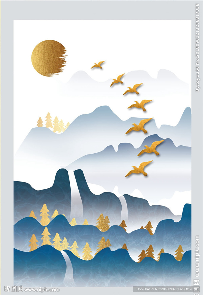 手绘水墨山水金箔抽象装饰画