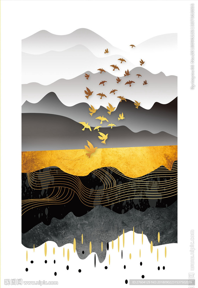 水墨山水黑金创意装饰画