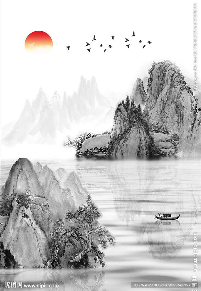 中式飞鸟意境山水装饰画