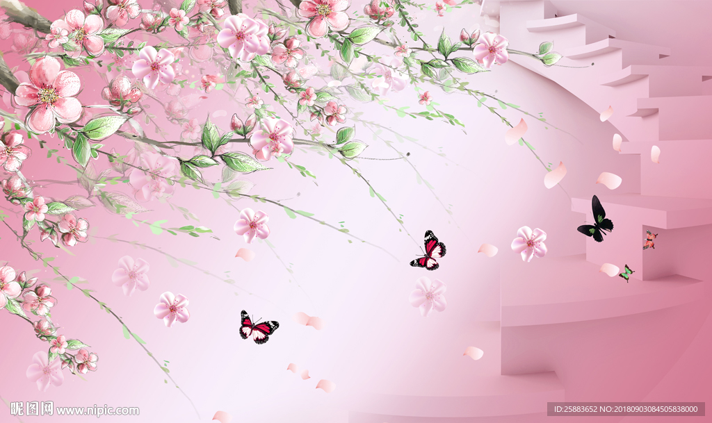 蝶恋桃花3D电视背景墙
