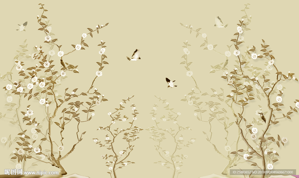 简约时尚花鸟工笔手绘电视背景墙