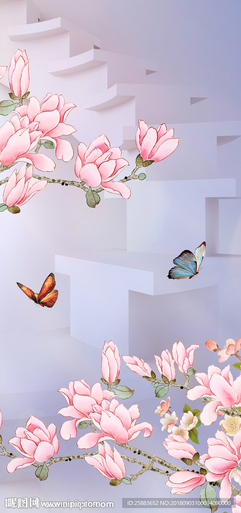 玉兰花蝴蝶3D玄关背景墙