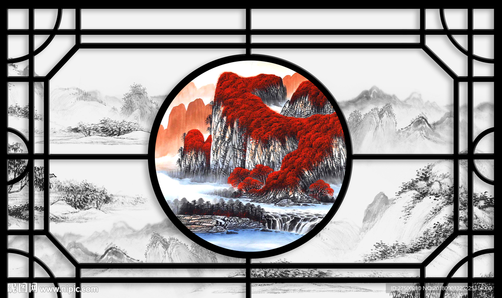 边框山水传统背景墙