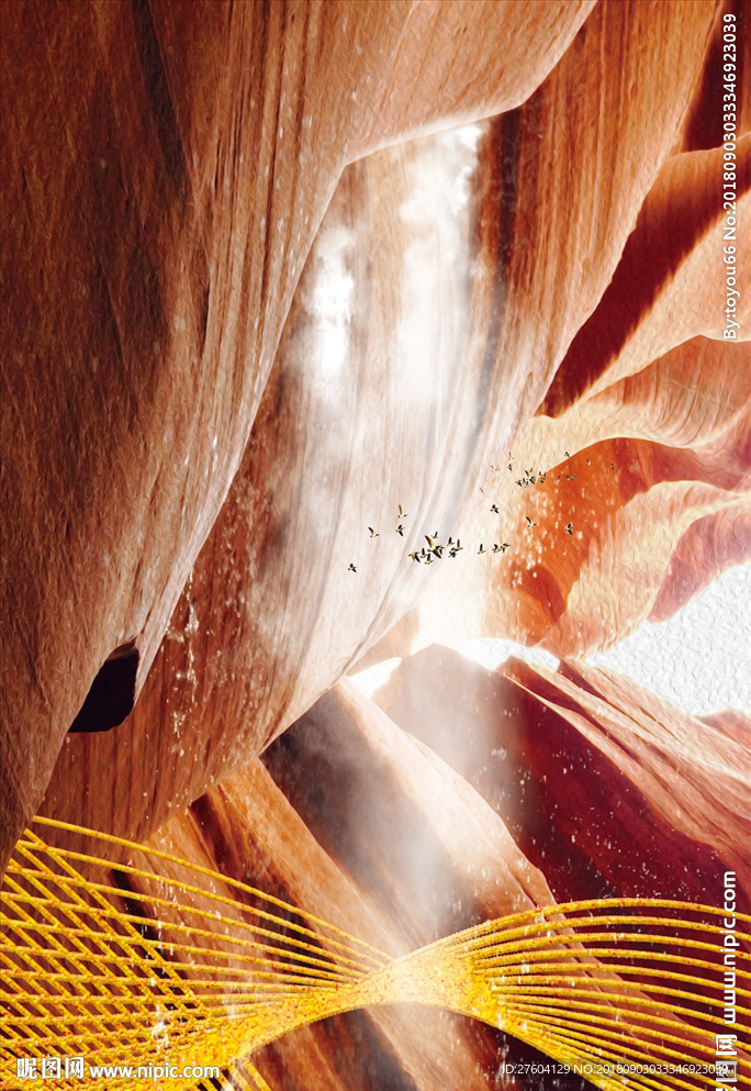 抽象意境瀑布线条群鸟装饰画