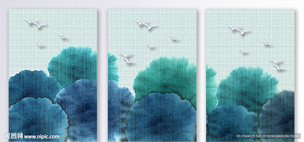 中式蓝色水墨立体鸟装饰画