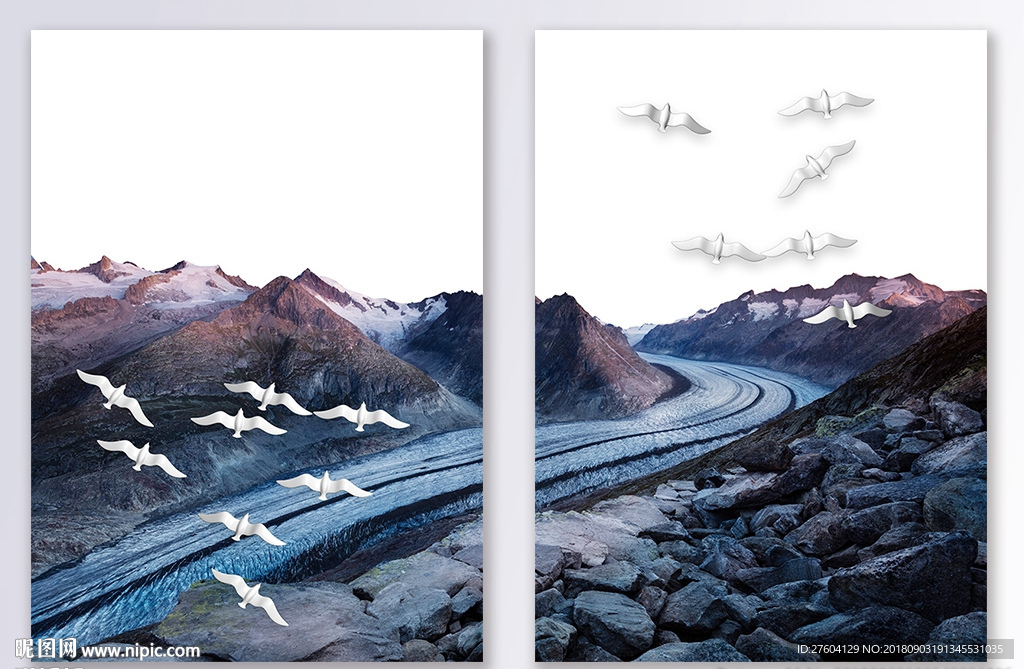 浮雕山川飞鸟二联装饰画