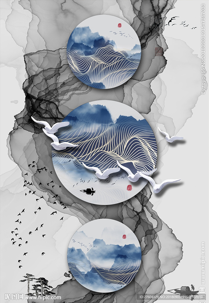 抽象山水飞鸟装饰画