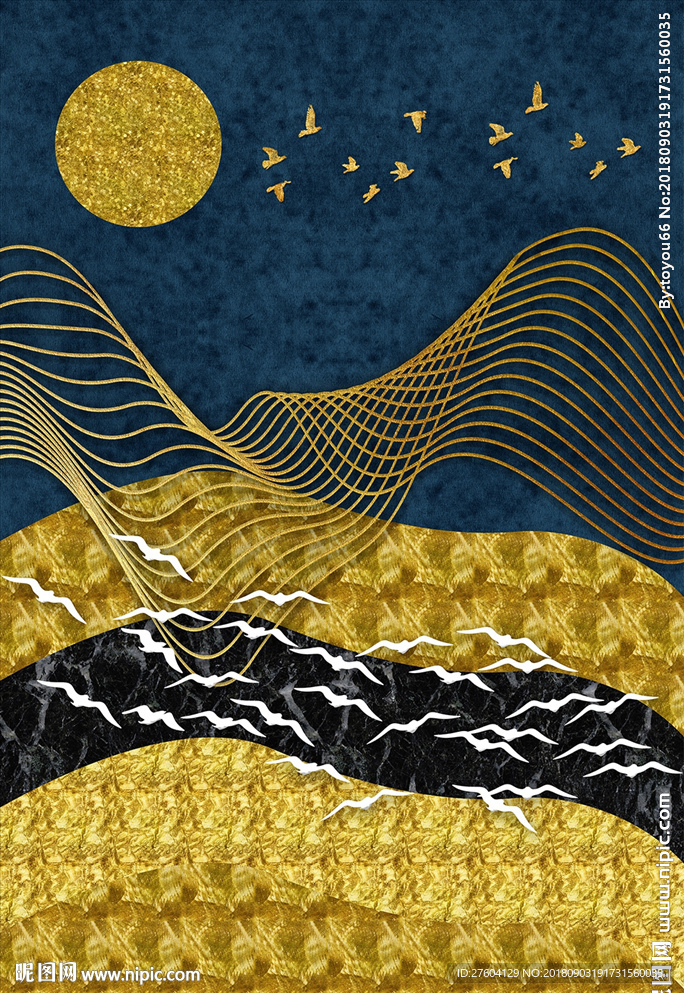 抽象金箔画飞鸟山水意境装饰画
