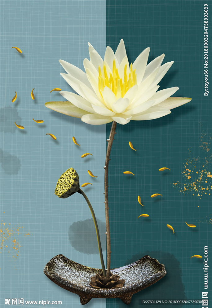 简约莲花金色鱼装饰画