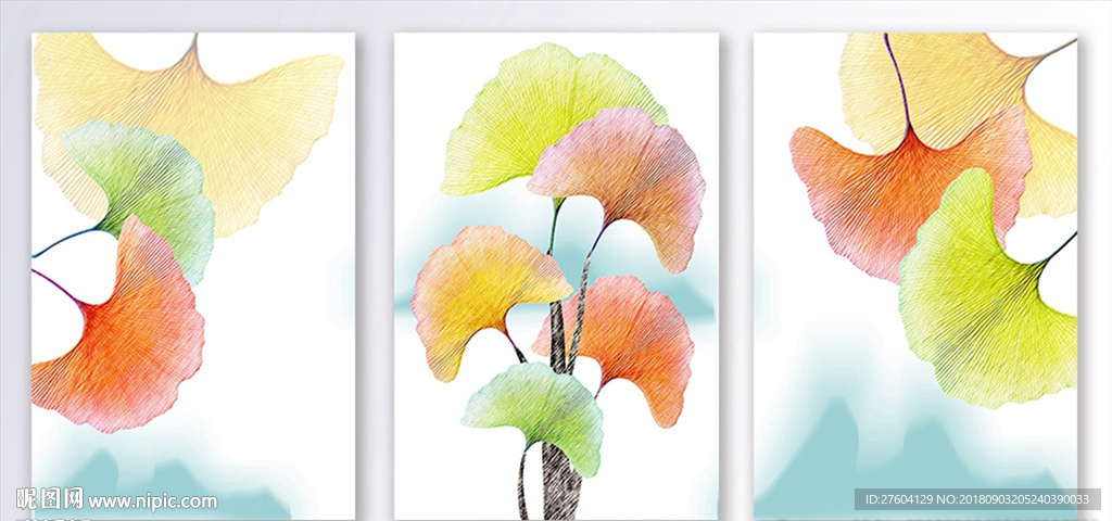 清新彩色银杏叶植物装饰画