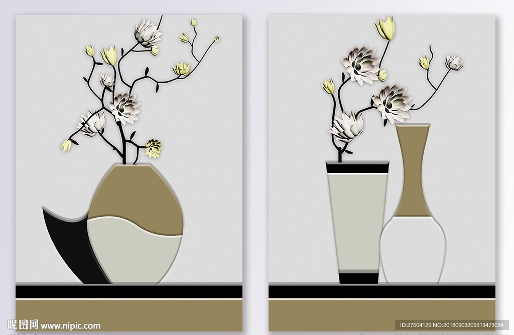 浮雕手绘花瓶花卉二联装饰画