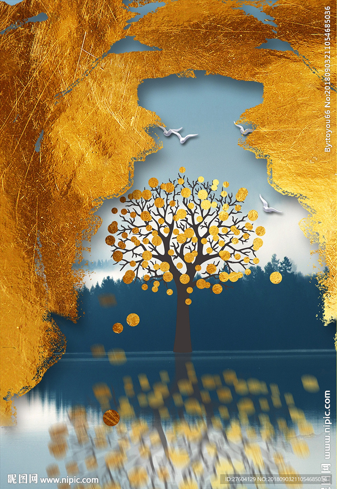 现代抽象金色波点树装饰画