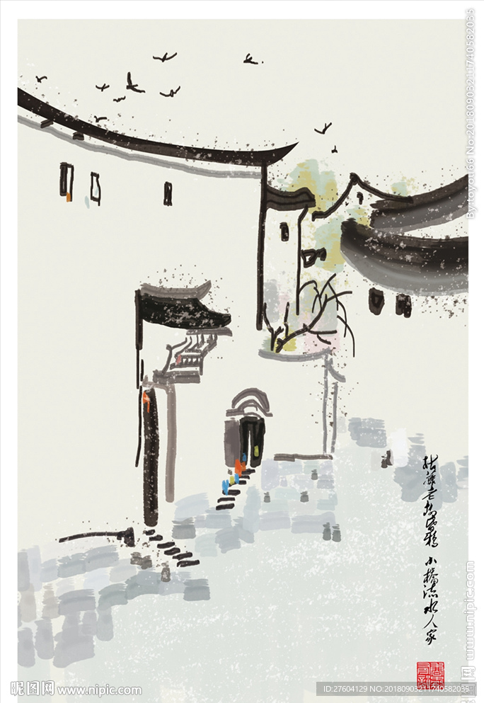 中国风建筑淡彩水墨装饰画