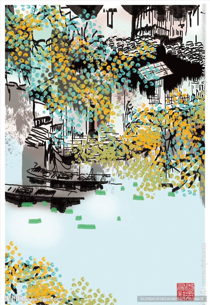 中国风淡彩水墨风景装饰画