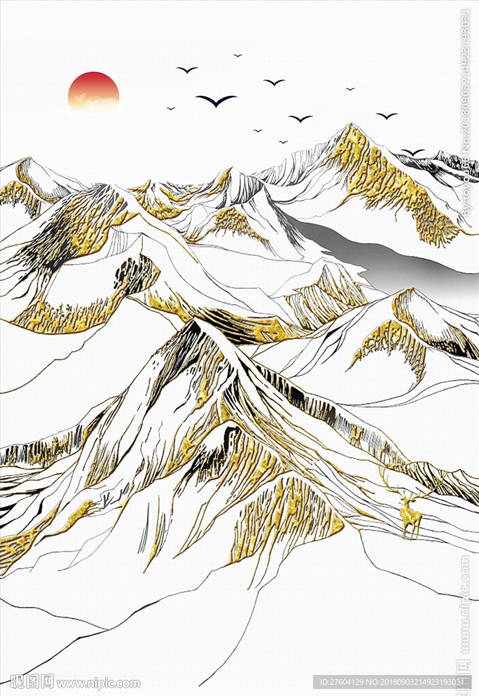 金色线条水墨山水装饰画