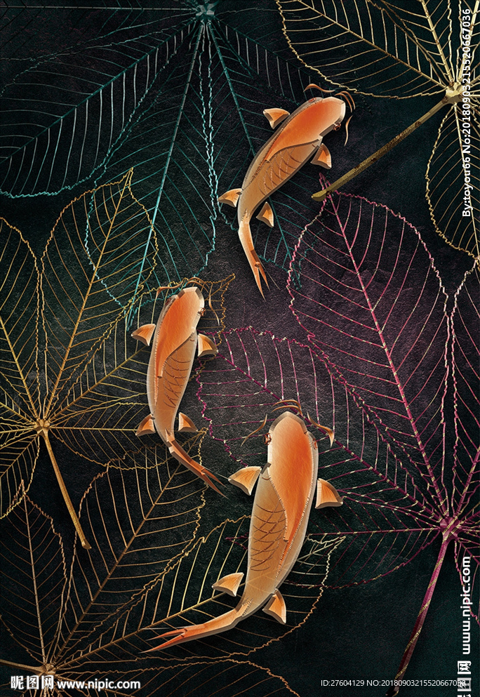 3d树叶浮雕鲤鱼装饰画