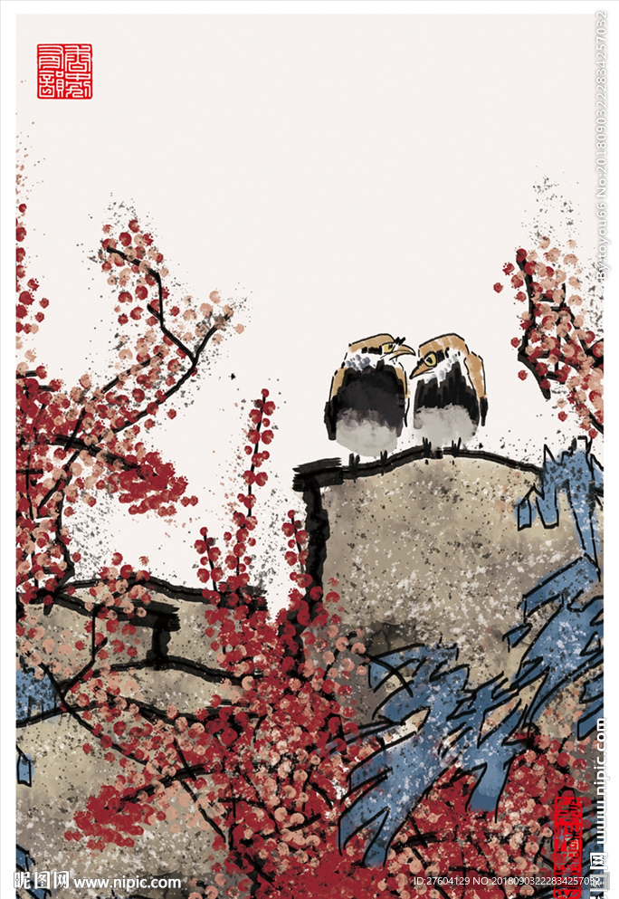 淡彩中国风花鸟风景装饰画