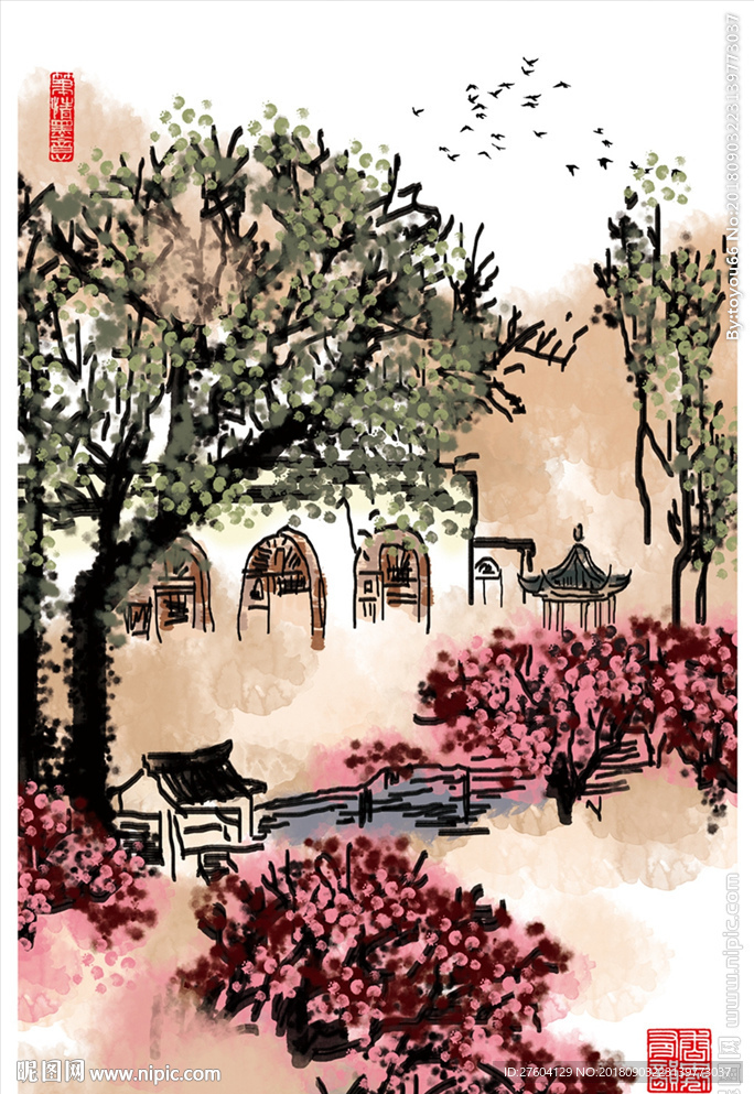 水墨淡彩中国风村庄风景装饰画