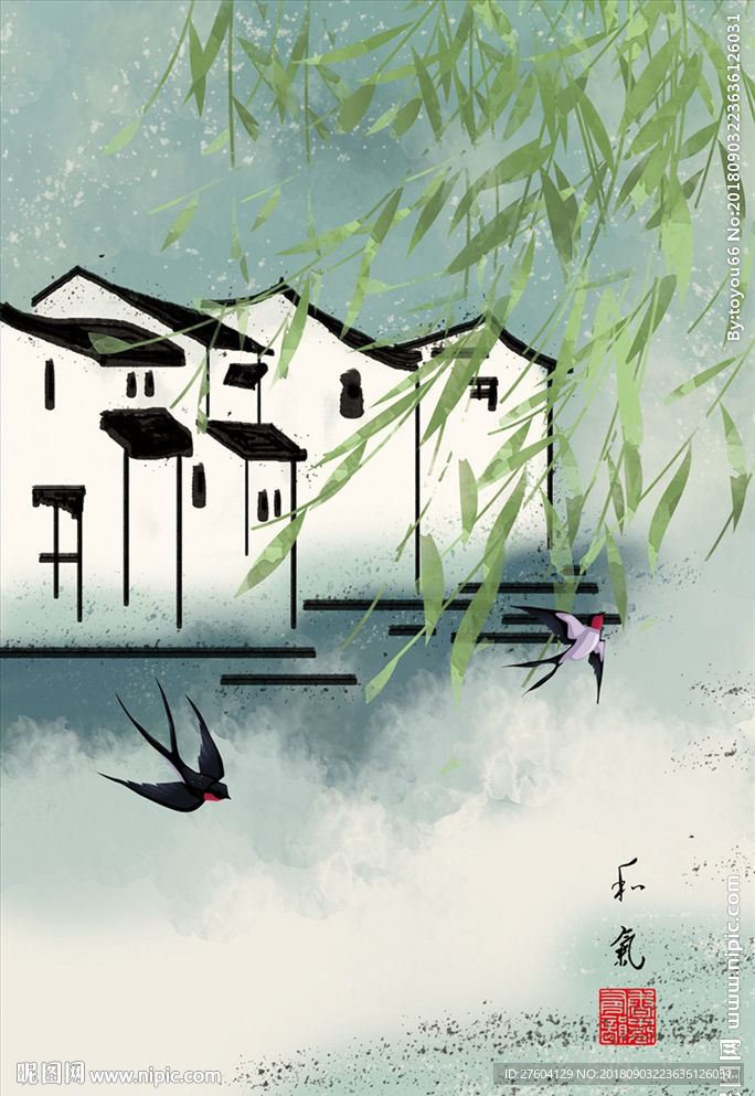 中国风民俗淡彩水墨装饰画