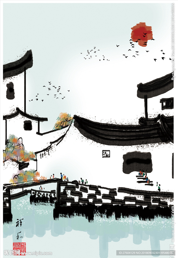 中国风水墨淡彩建筑装饰画