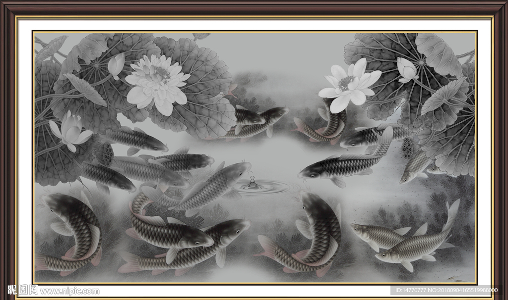 水墨荷花鲤鱼图