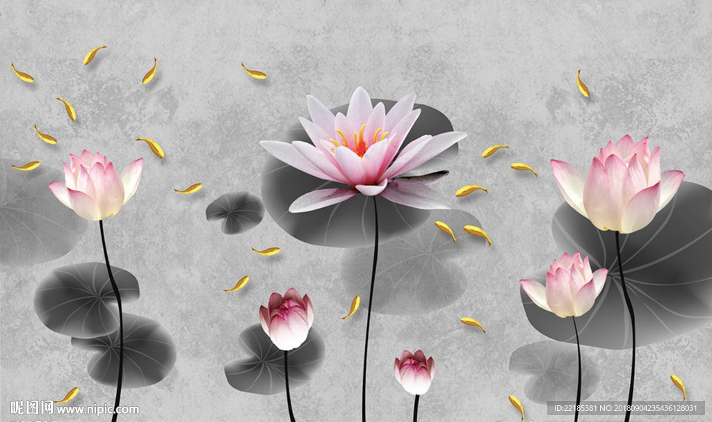 意境唯美粉色荷花金色背景墙