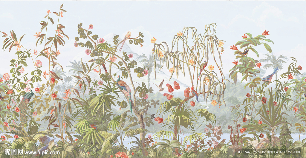 美式复古花鸟壁画壁纸