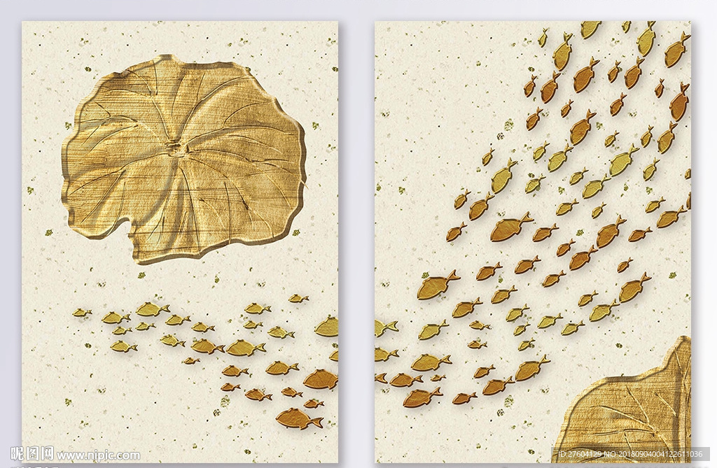 金箔质感荷叶鱼群装饰画