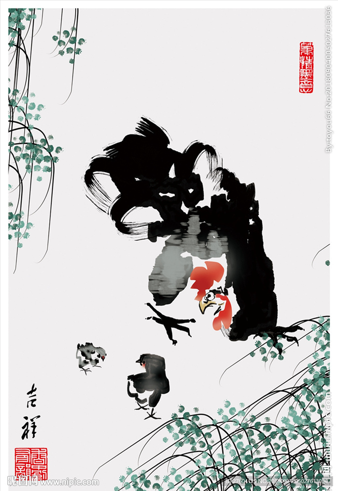 中国风手绘水墨淡彩公鸡装饰画