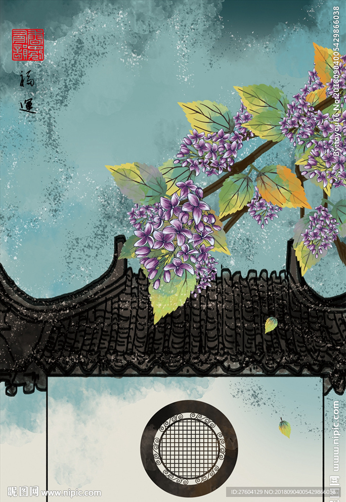 淡彩中国风民俗建筑植物装饰画