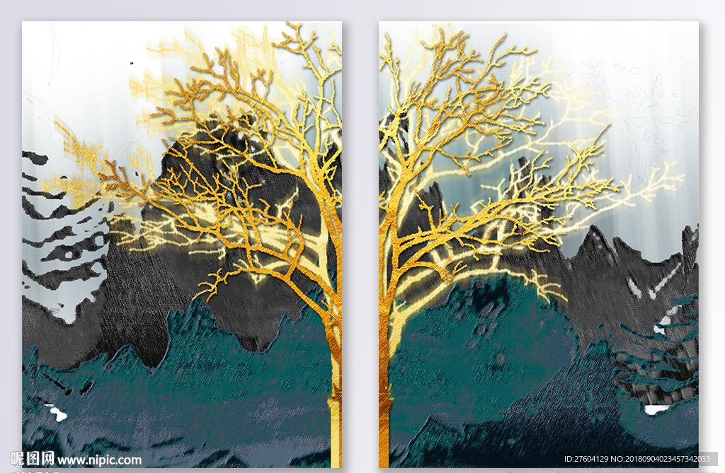 现代抽象金色发财树装饰画