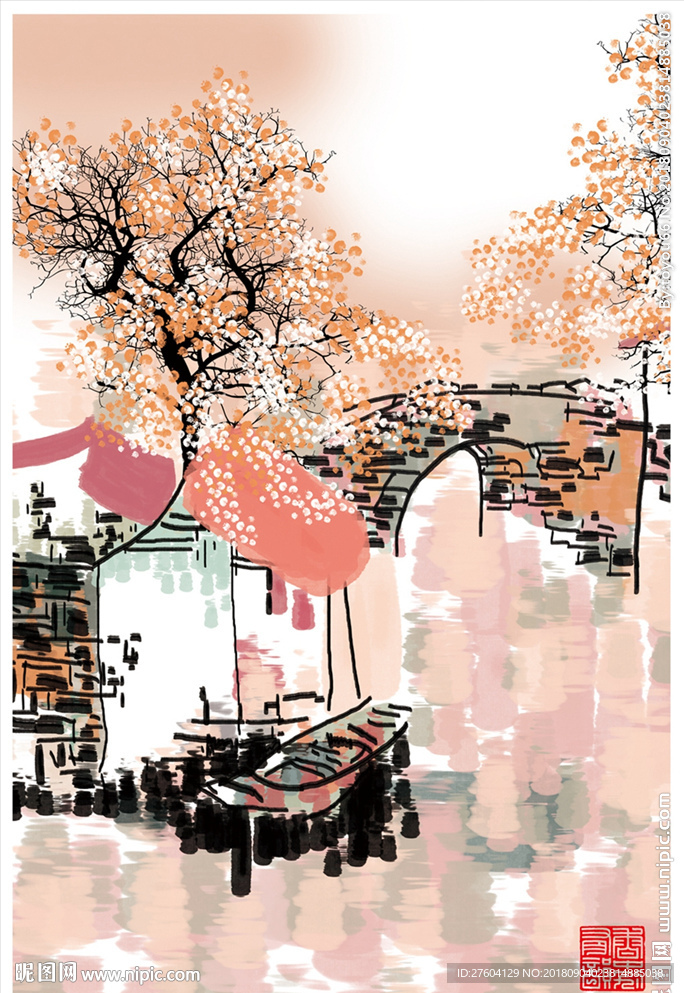 水墨淡彩民俗风景装饰画