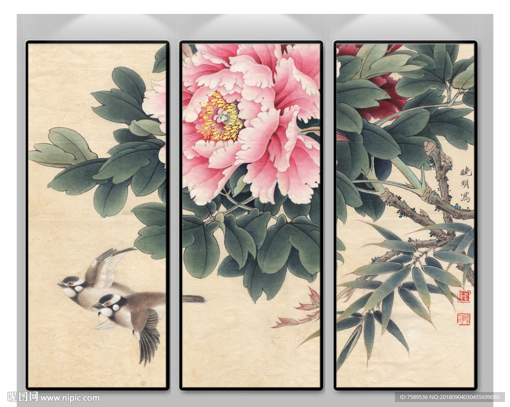 新中式工笔牡丹花鸟画