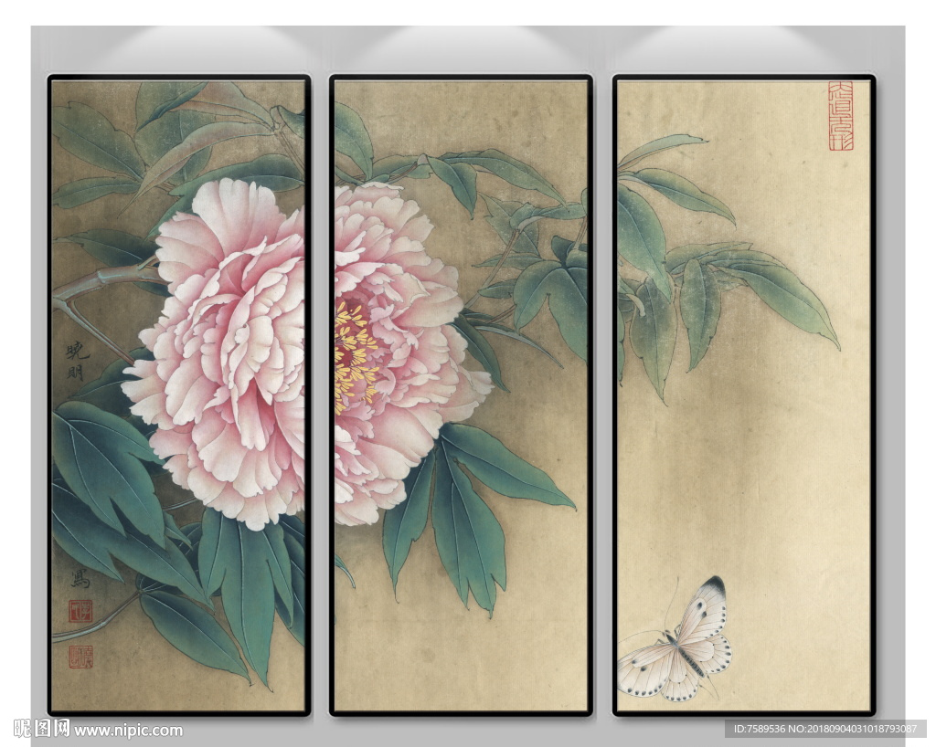 新中式工笔牡丹花鸟画