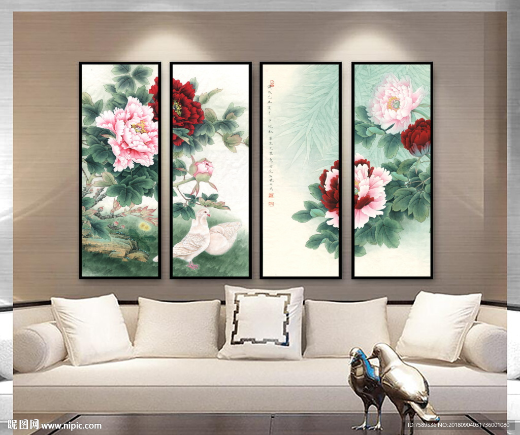 新中式工笔牡丹花鸟画