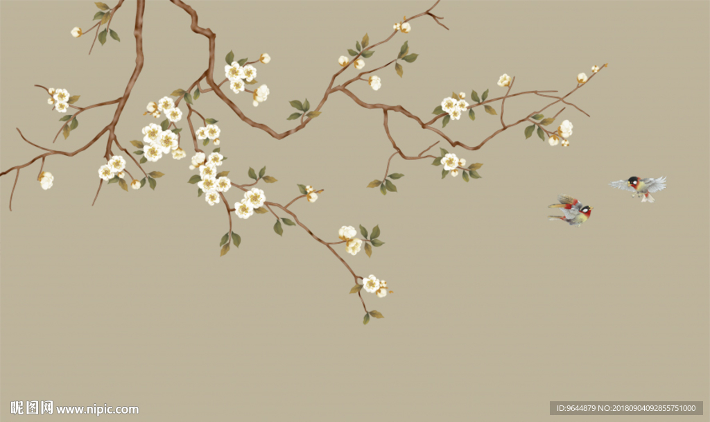 手绘工笔梅花新中式禅意花鸟壁画