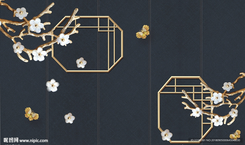 中式金色花枝落花花窗背景墙