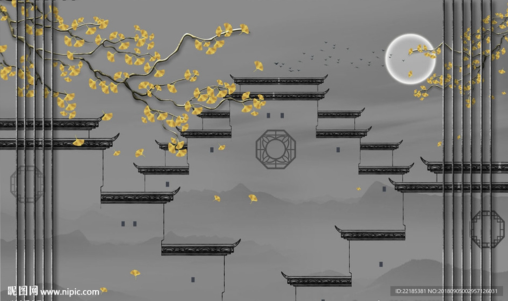 徽派古建筑江南水乡银杏叶背景墙